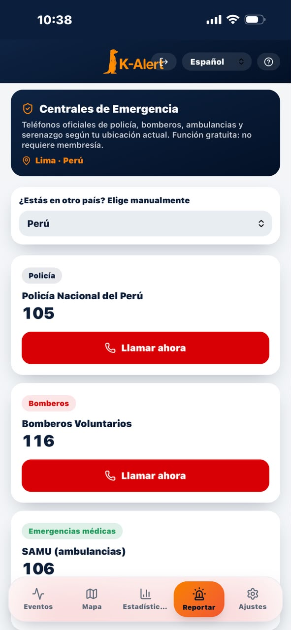 Captura real de K-Alert con el directorio de centrales de emergencia de Perú y el selector de país.