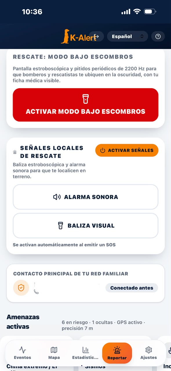 Captura real de K-Alert con el modo bajo escombros y los controles de alarma sonora y baliza visual.