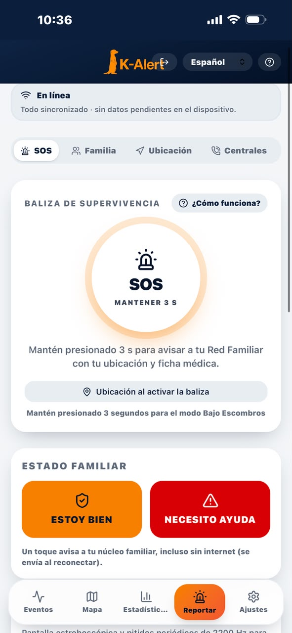 Captura real de K-Alert con la baliza SOS y las opciones de estado familiar Estoy bien y Necesito ayuda.